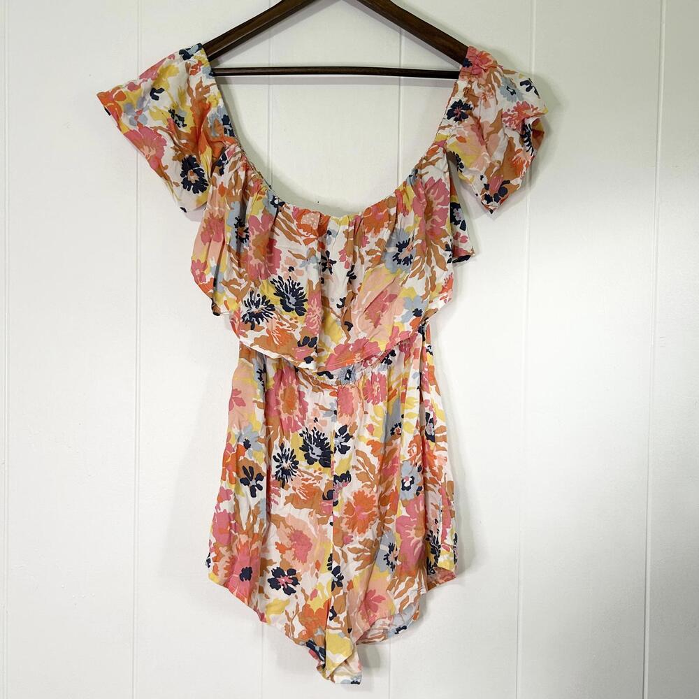 Roxy Colorful Spring Floral Ruffle Off The Shoulder Romper Women’s Medium
